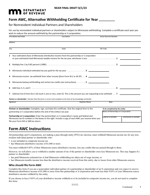 Form AWC Alternative Withholding Certificate - Draft - Minnesota