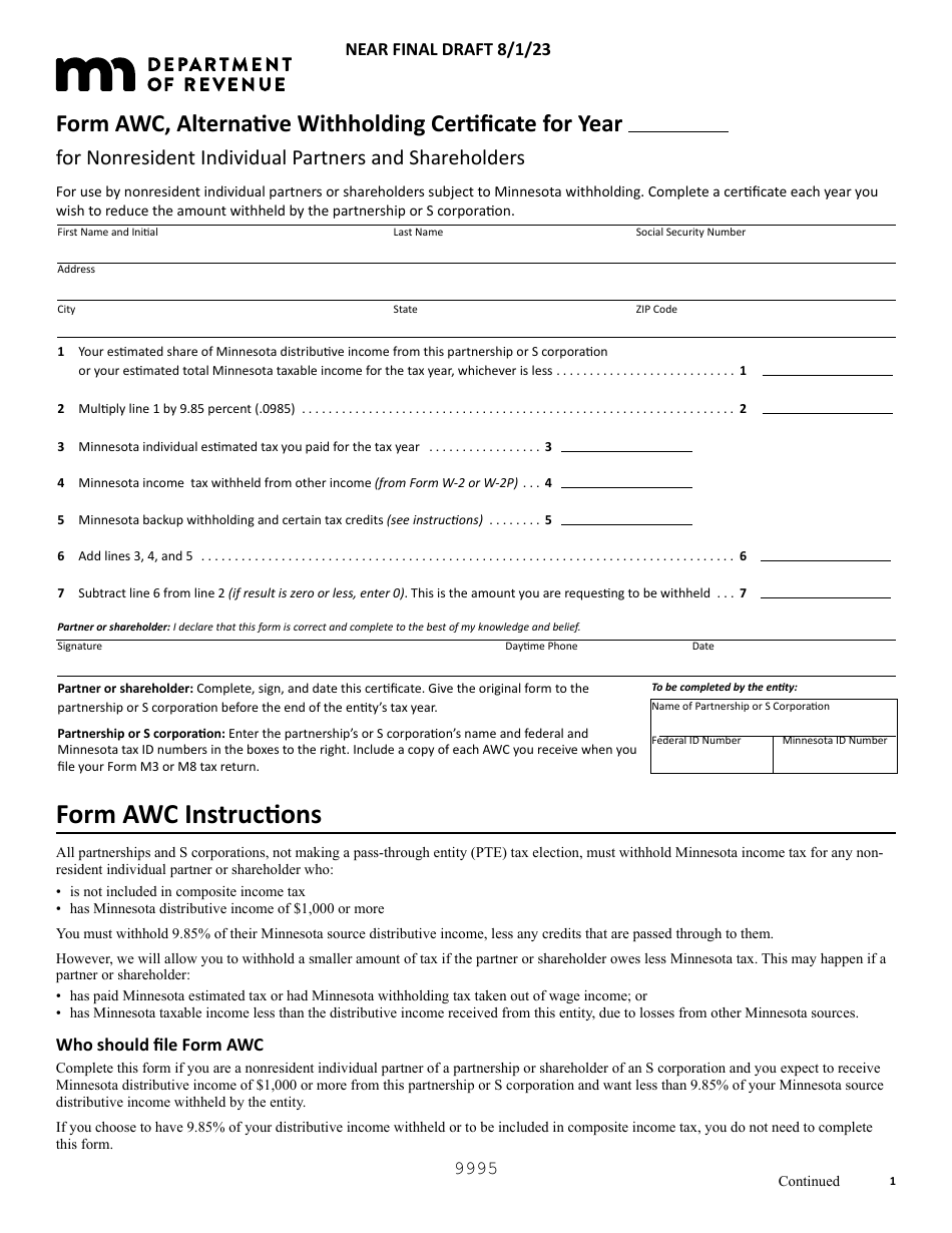 Form AWC Alternative Withholding Certificate - Draft - Minnesota, Page 1