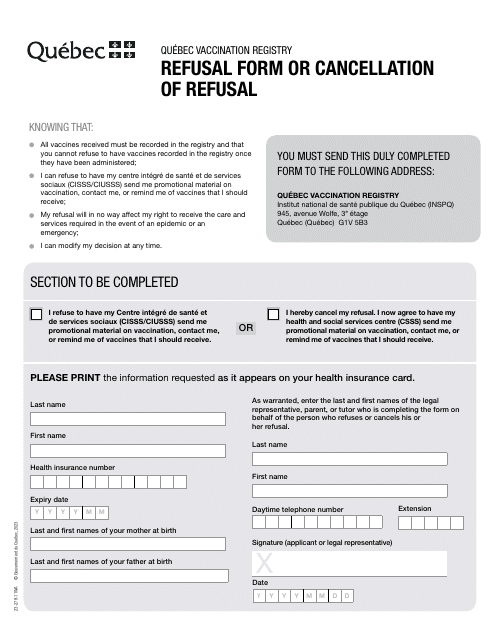 Form 23-278-11WA Refusal Form or Cancellation of Refusal - Quebec Vaccination Registry - Quebec, Canada