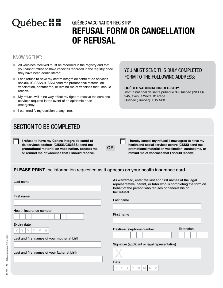 Form 23-278-11WA Refusal Form or Cancellation of Refusal - Quebec Vaccination Registry - Quebec, Canada, Page 1