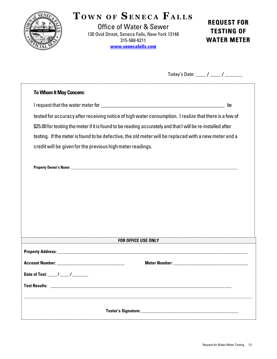 Town of Seneca Falls, New York Request for Testing of Water Meter