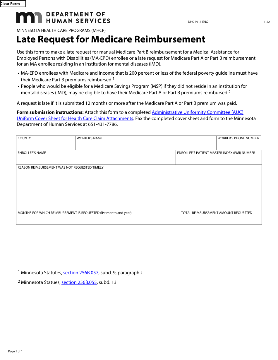 Form DHS-3918-ENG Late Request for Medicare Reimbursement - Minnesota Health Care Programs (Mhcp) - Minnesota, Page 1