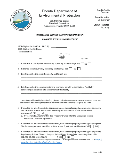 Advanced Site Assessment Request - Drycleaning Solvent Cleanup Program (Dscp) - Florida Download Pdf