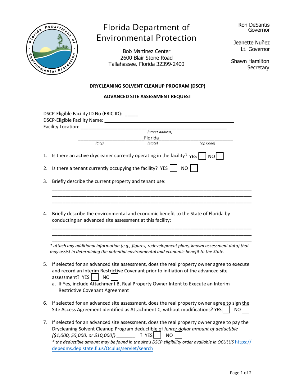 Advanced Site Assessment Request - Drycleaning Solvent Cleanup Program (Dscp) - Florida, Page 1