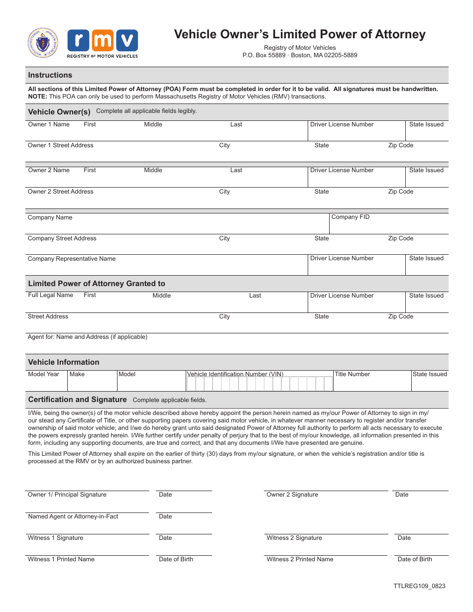 Form TTLREG109 Vehicle Owners Limited Power of Attorney - Massachusetts, Page 1