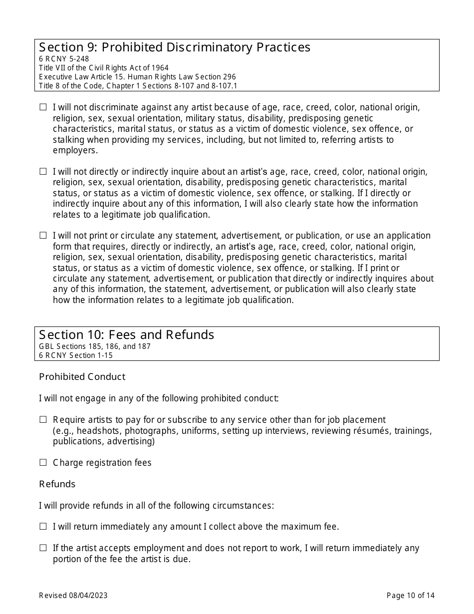 Theatrical Employment Agency Self-certification - New York City, Page 10