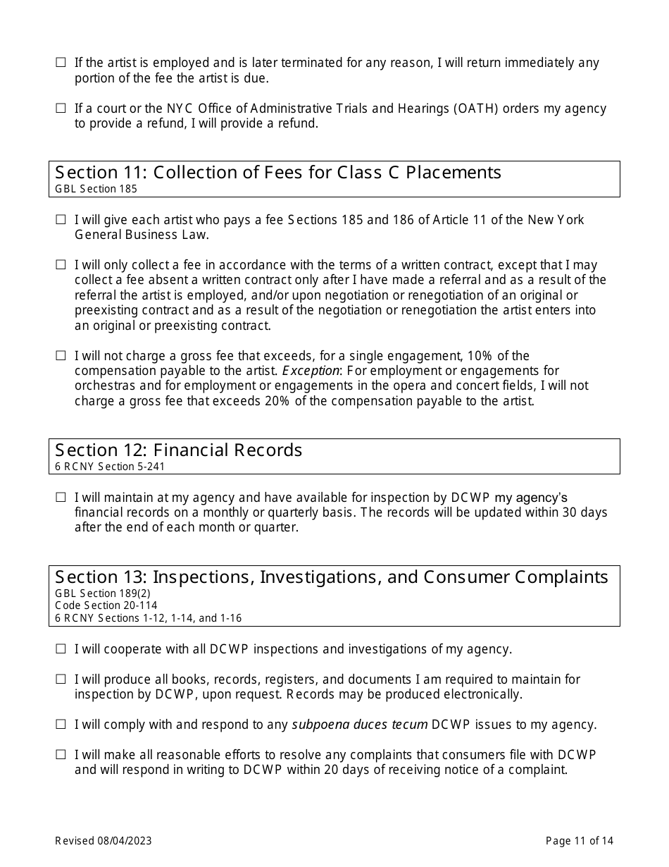 Theatrical Employment Agency Self-certification - New York City, Page 11