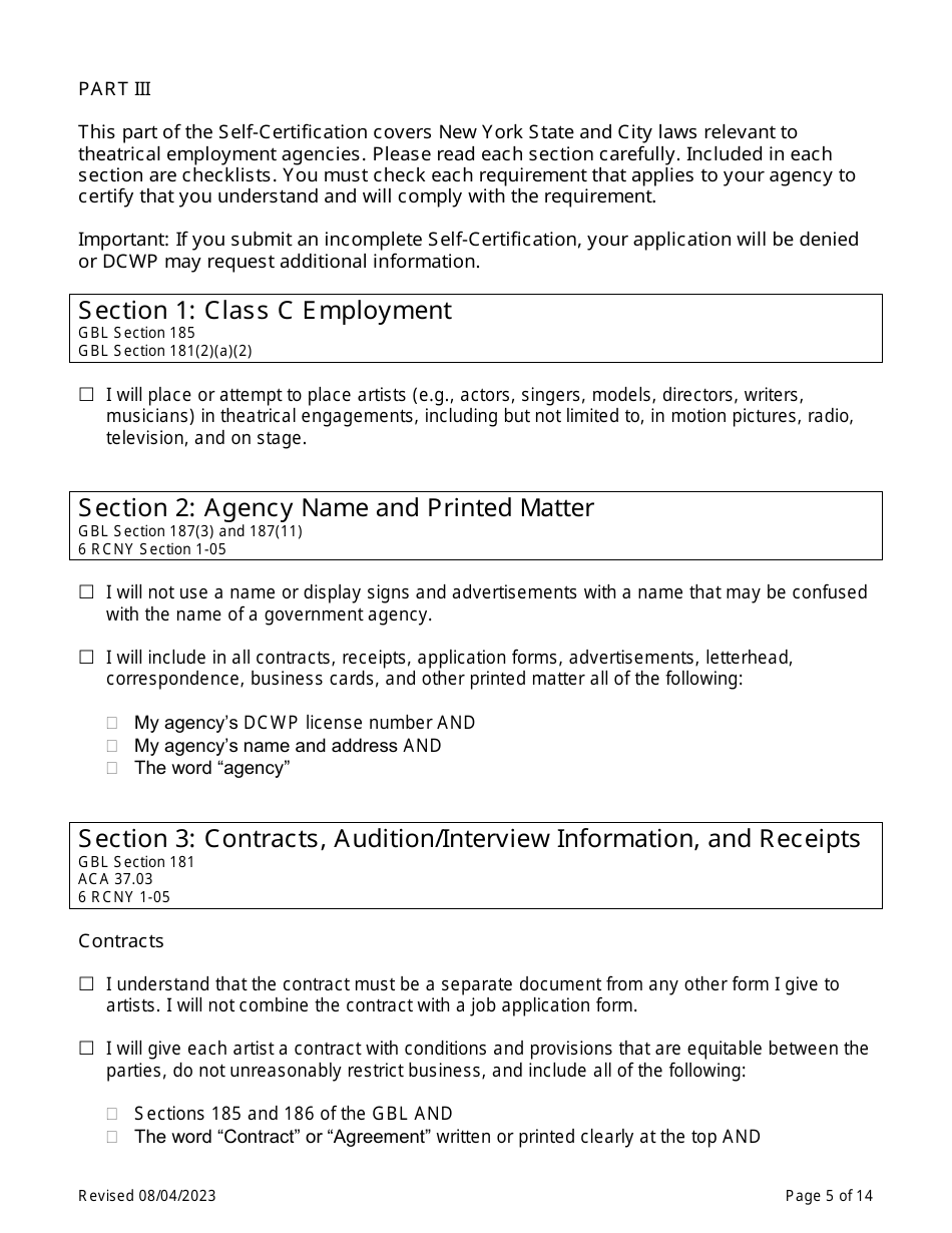 Theatrical Employment Agency Self-certification - New York City, Page 5