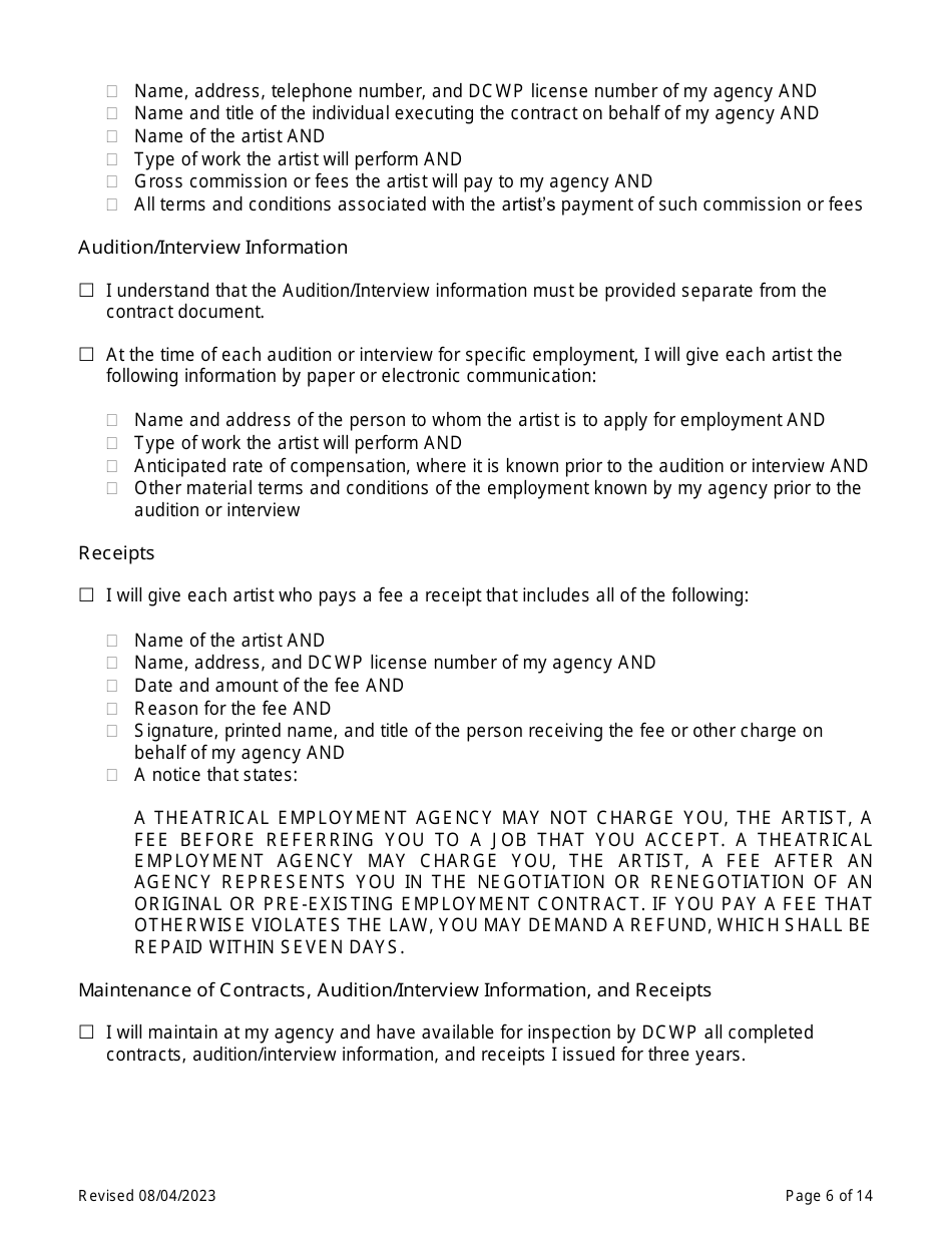 Theatrical Employment Agency Self-certification - New York City, Page 6
