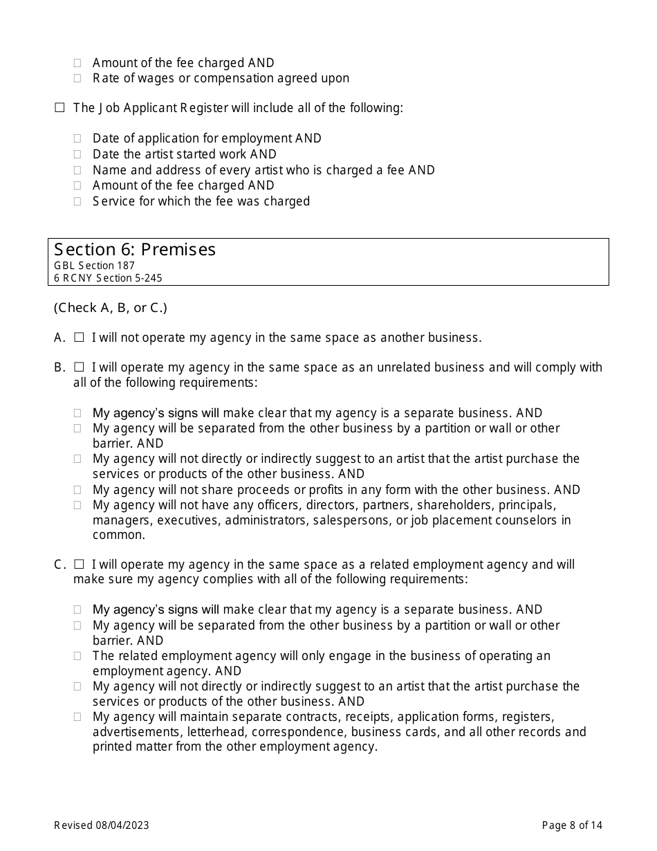 Theatrical Employment Agency Self-certification - New York City, Page 8