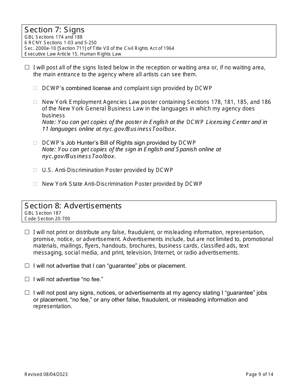 Theatrical Employment Agency Self-certification - New York City, Page 9