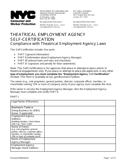 Theatrical Employment Agency Self-certification - New York City Download Pdf
