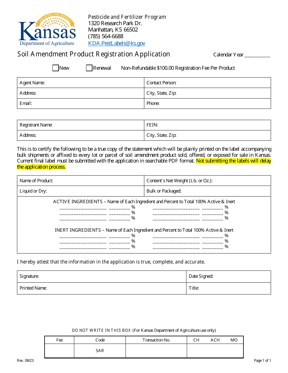 Soil Amendment Product Registration Application - Kansas, Page 1