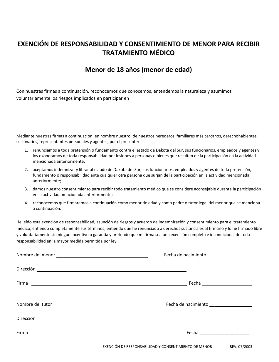 Exhibicion G Exencion De Responsabilidad Y Consentimiento De Menor Para Recibir Tratamiento Medico - Menor De 18 Anos (Menor De Edad) - South Dakota (Spanish), Page 1