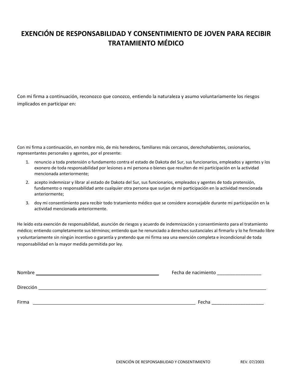 Exencion De Responsabilidad Y Consentimiento De Joven Para Recibir Tratamiento Medico - South Dakota (Spanish), Page 1