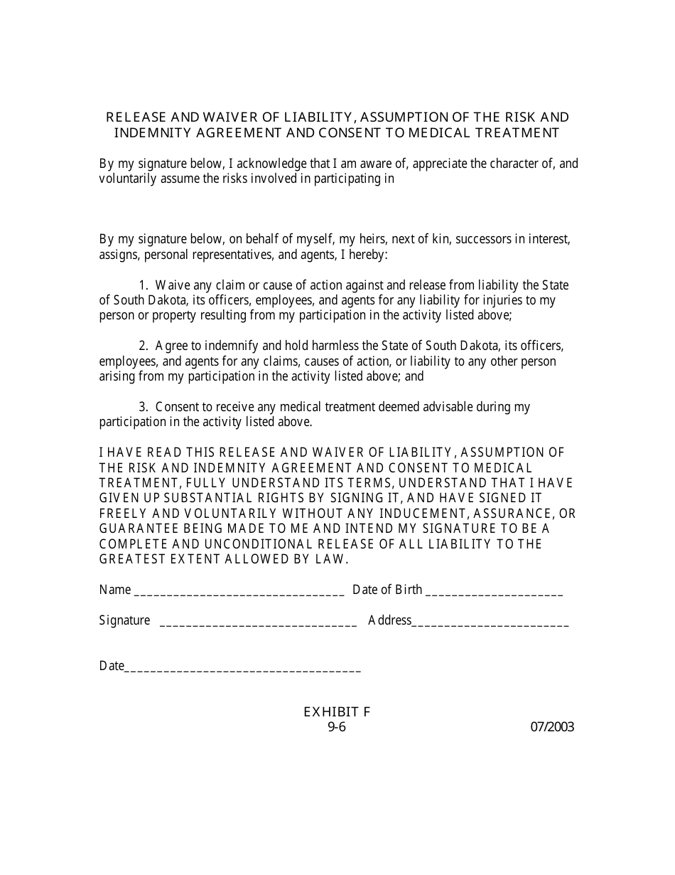 Release and Waiver of Liability, Assumption of the Risk and Indemnity Agreement and Consent to Medical Treatment - South Dakota, Page 1