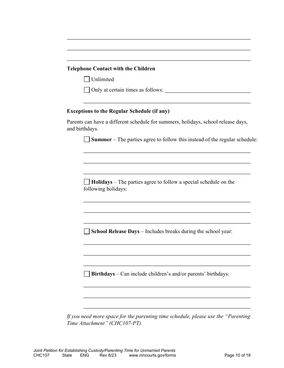 Form CHC107 Joint Petition, Agreement, and Order to Establish Custody, Parenting Time, and Child Support - Minnesota, Page 10