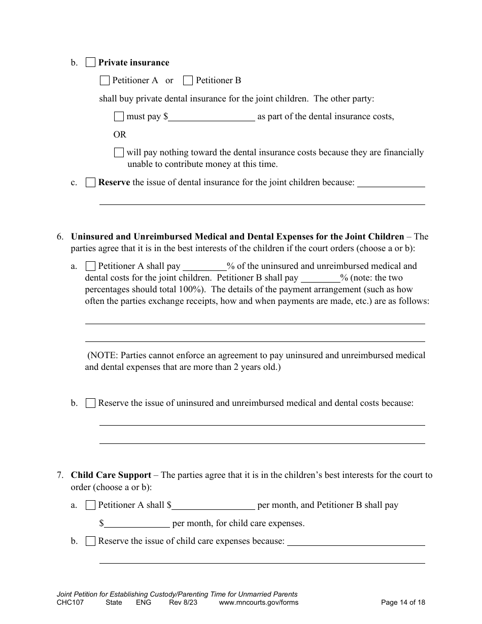 Form CHC107 Joint Petition, Agreement, and Order to Establish Custody, Parenting Time, and Child Support - Minnesota, Page 14