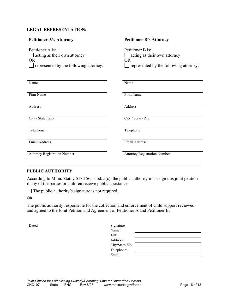 Form CHC107 Joint Petition, Agreement, and Order to Establish Custody, Parenting Time, and Child Support - Minnesota, Page 16