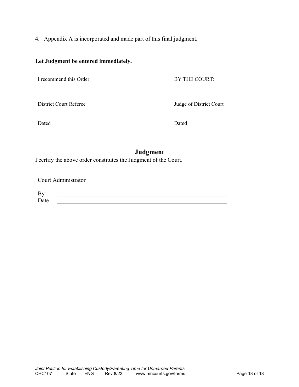 Form CHC107 Joint Petition, Agreement, and Order to Establish Custody, Parenting Time, and Child Support - Minnesota, Page 18