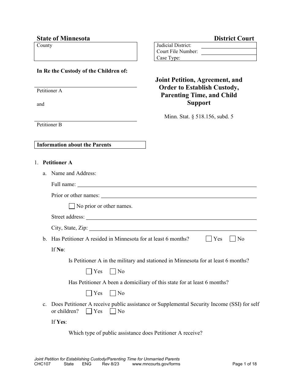 Form CHC107 Joint Petition, Agreement, and Order to Establish Custody, Parenting Time, and Child Support - Minnesota, Page 1