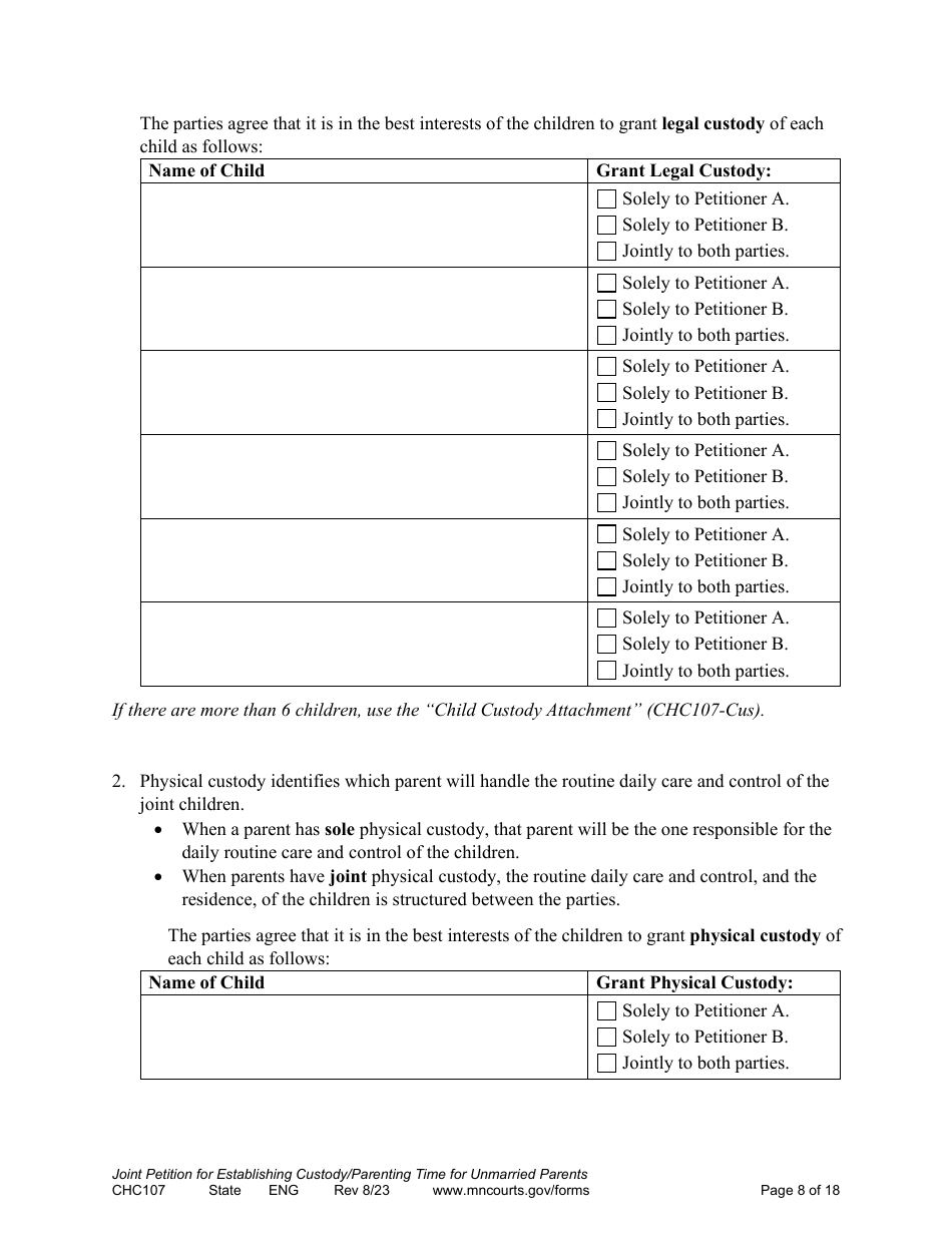 Form CHC107 Joint Petition, Agreement, and Order to Establish Custody, Parenting Time, and Child Support - Minnesota, Page 8