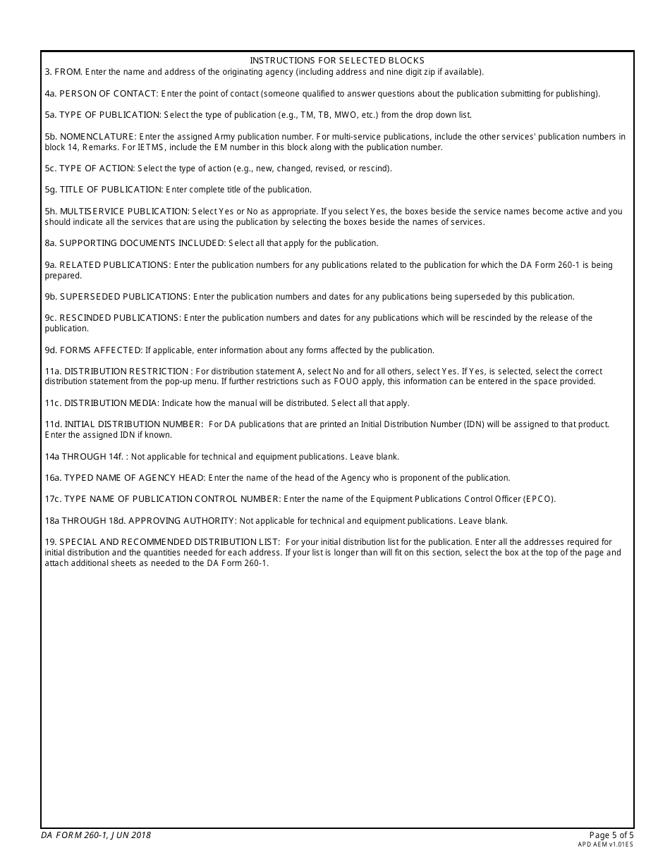 DA Form 260-1 Request for Publishing - DA Training, Doctrinal, Technical, and Equipment Publications, Page 5