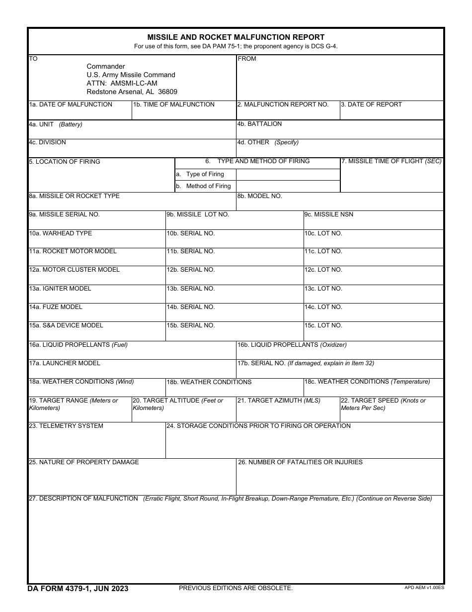 DA Form 4379-1 Missile and Rocket Malfunction Report, Page 1