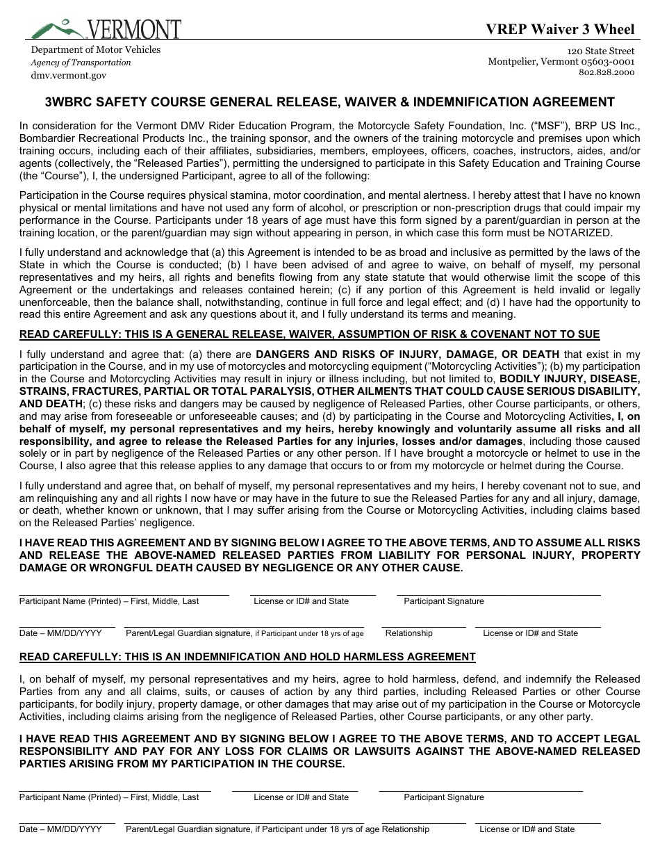 Form VN-148 3-wheel Motorcycle Course Waiver - Vermont, Page 1