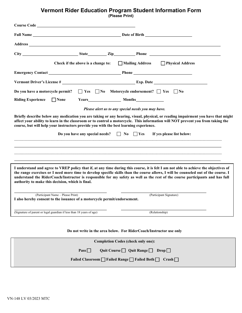 Form VN-148 3-wheel Motorcycle Course Waiver - Vermont, Page 2