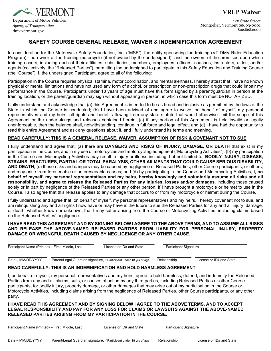 Form VN-149 2-wheel Motorcycle Course Waiver - Vermont, Page 1