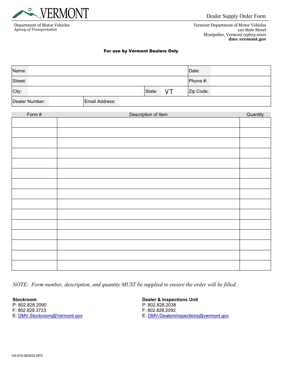 Form VG-019 Dealer Supply Order Form - Vermont, Page 1