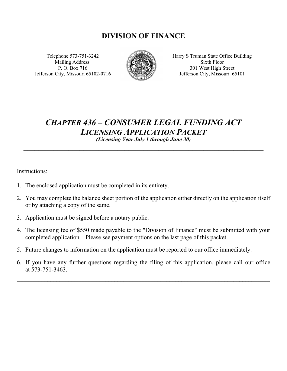 Application for Consumer Legal Funding Act - Missouri, Page 1