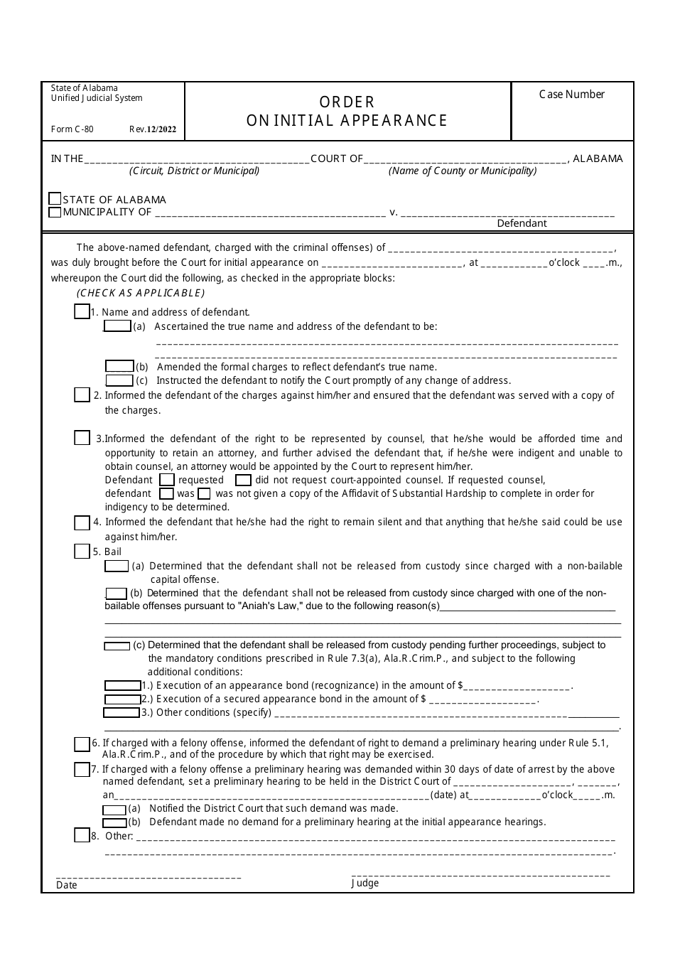 Form C-80 Order on Initial Appearance - Alabama, Page 1