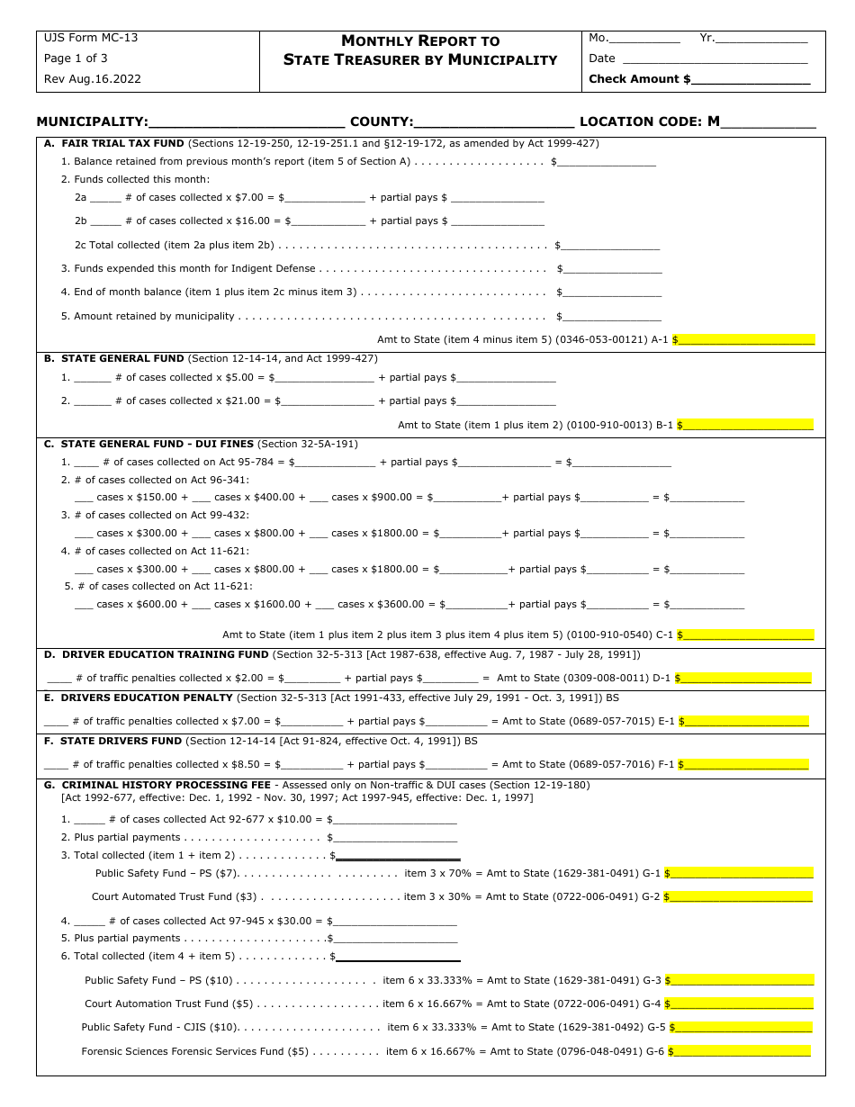 Form MC-13 Monthly Report to State Treasurer by Municipality - Alabama, Page 1