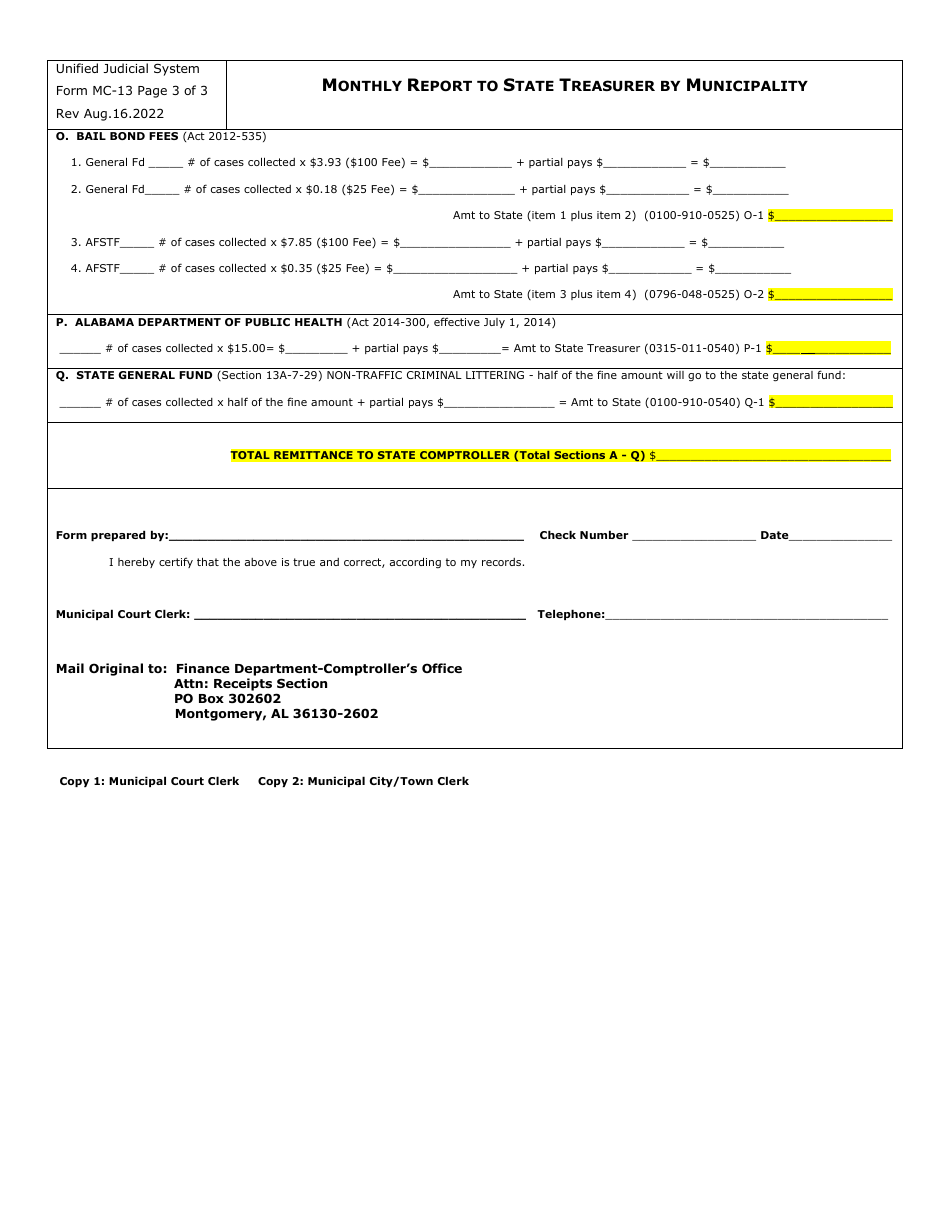 Form MC-13 Monthly Report to State Treasurer by Municipality - Alabama, Page 3