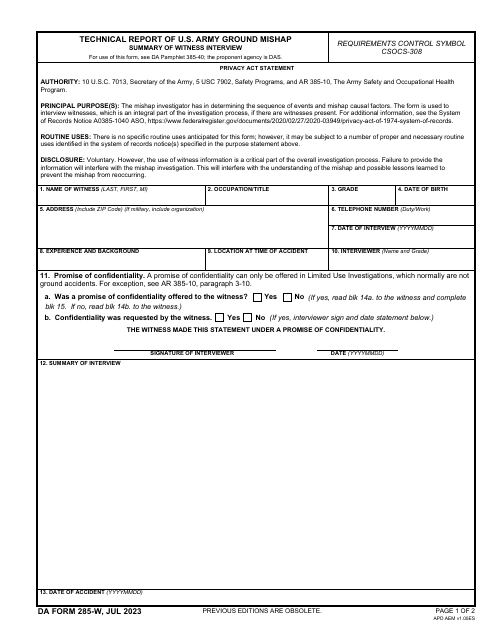 DA Form 285-W  Printable Pdf
