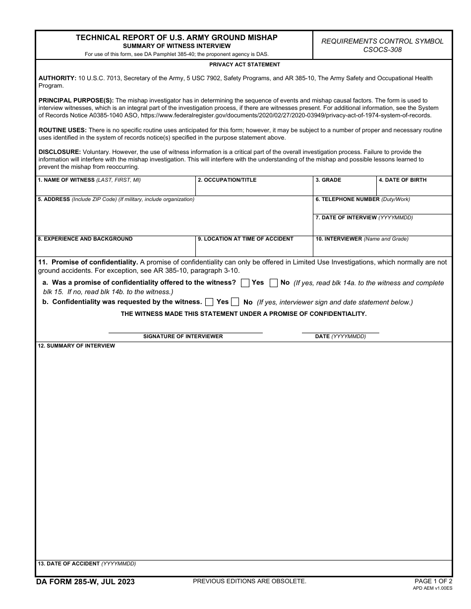 DA Form 285-W Download Fillable PDF or Fill Online Technical Report of ...