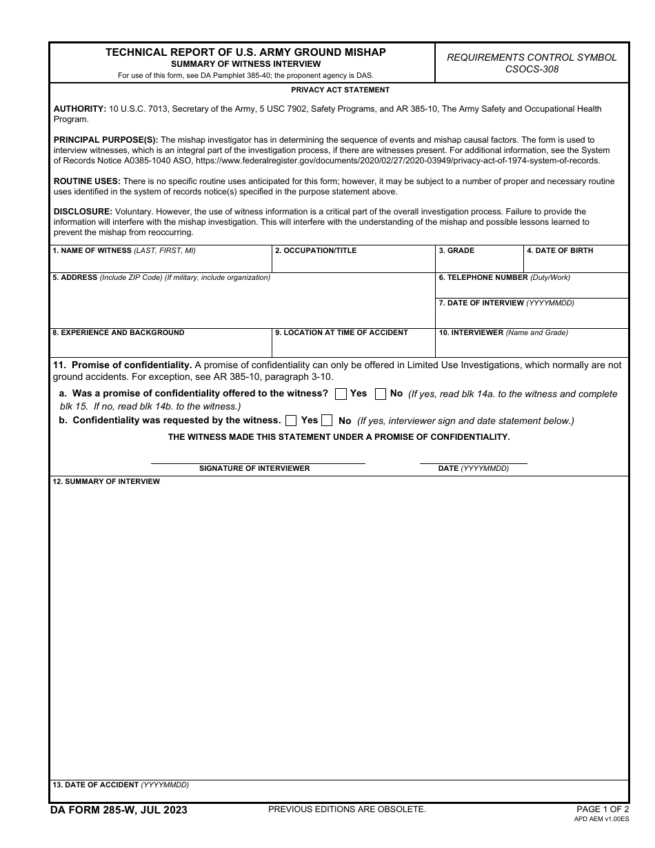 DA Form 285-W Technical Report of U.S. Army Ground Mishap - Summary of Witness Interview, Page 1