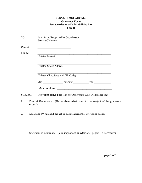 Grievance Form for Americans With Disabilities Act Title Ii - Oklahoma Download Pdf