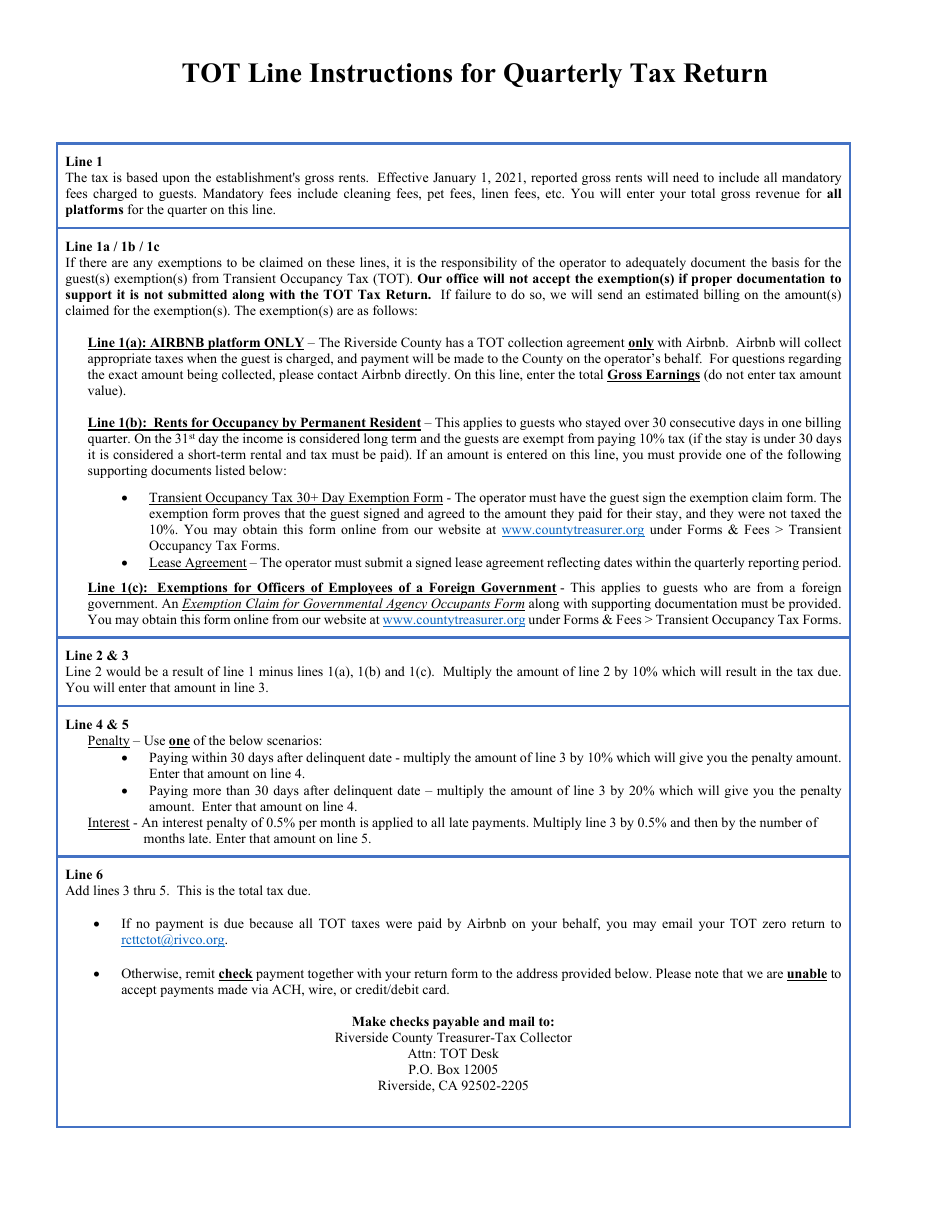 Quarterly Transient Occupancy Tax Return - County of Riverside, California, Page 2