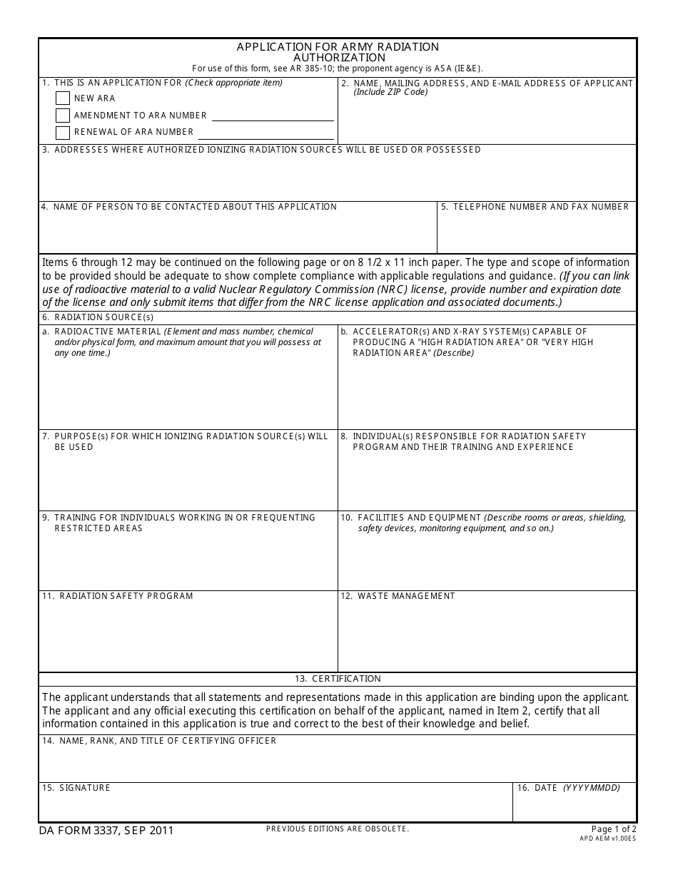 DA Form 3337 Application for Army Radiation Authorization, Page 1