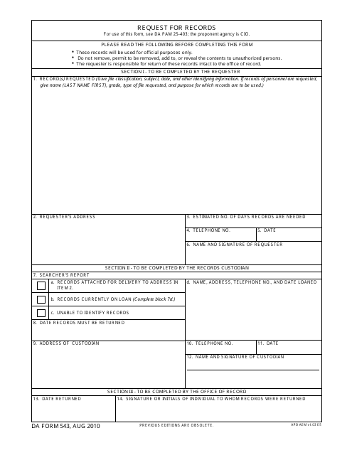 DA Form 543 Request for Records