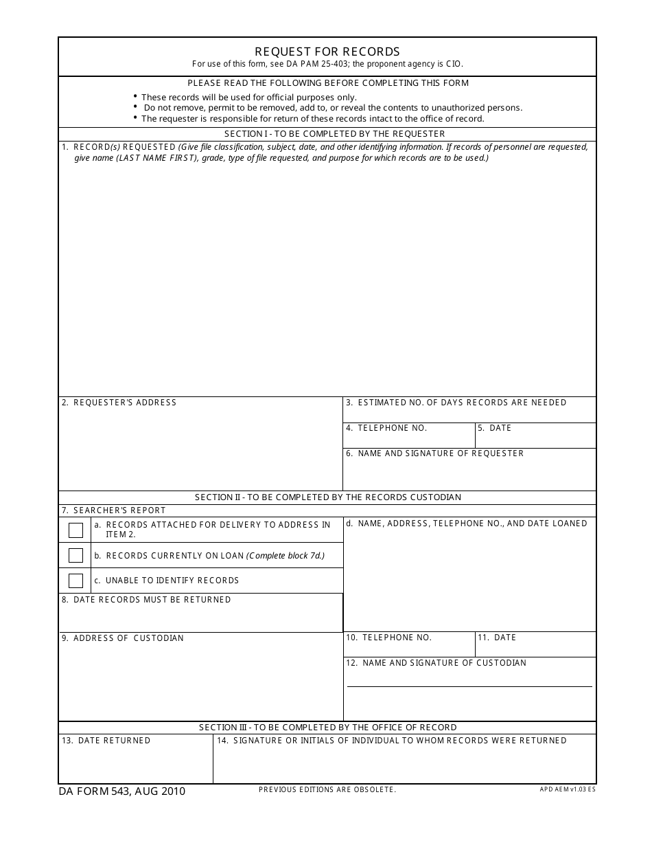 DA Form 543 Request for Records, Page 1