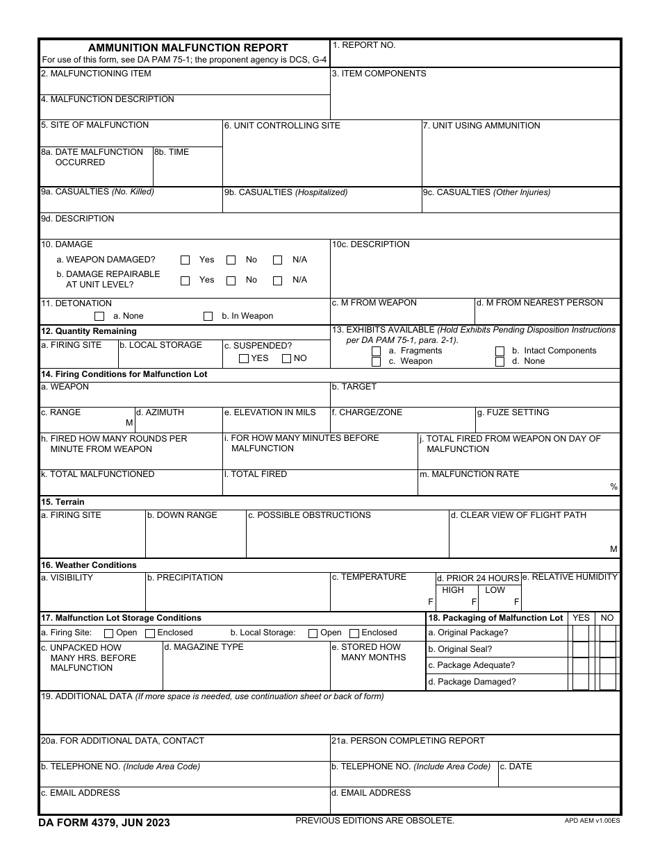 DA Form 4379 Ammunition Malfunction Report, Page 1