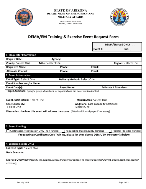 Dema/Em Training & Exercise Event Request Form - Arizona