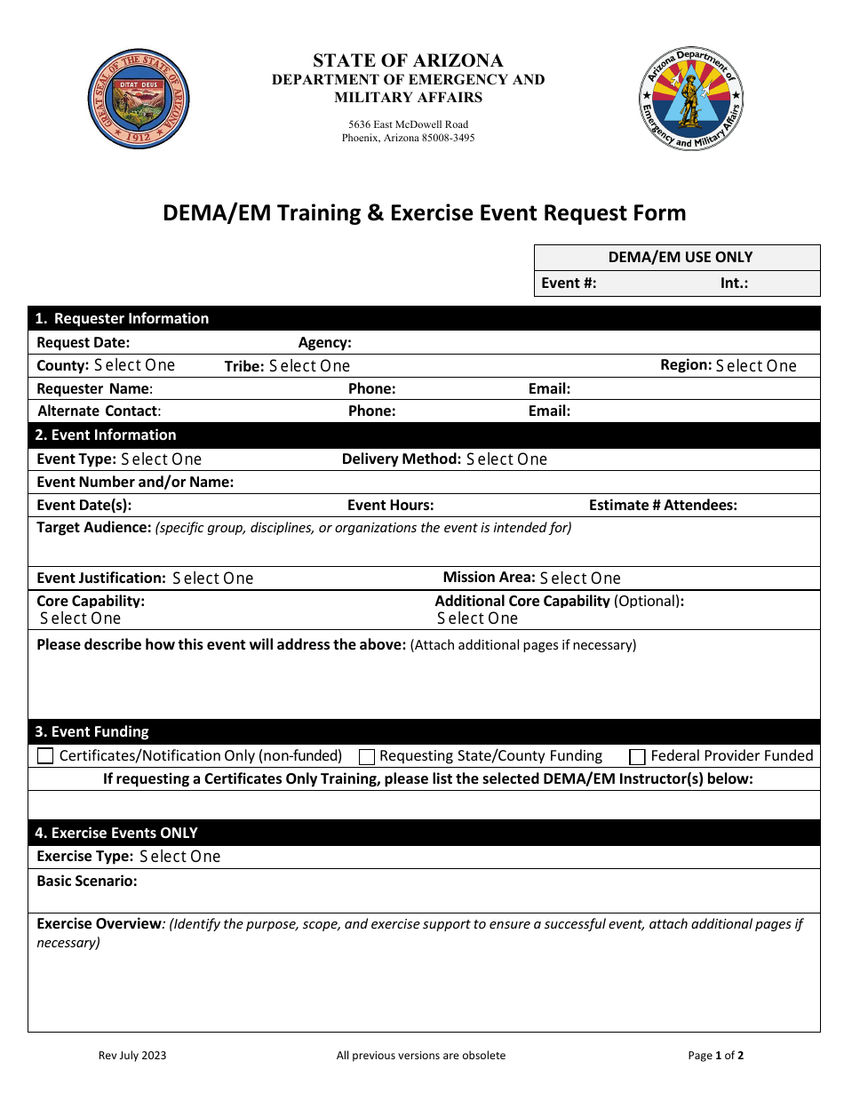 Dema / Em Training  Exercise Event Request Form - Arizona, Page 1
