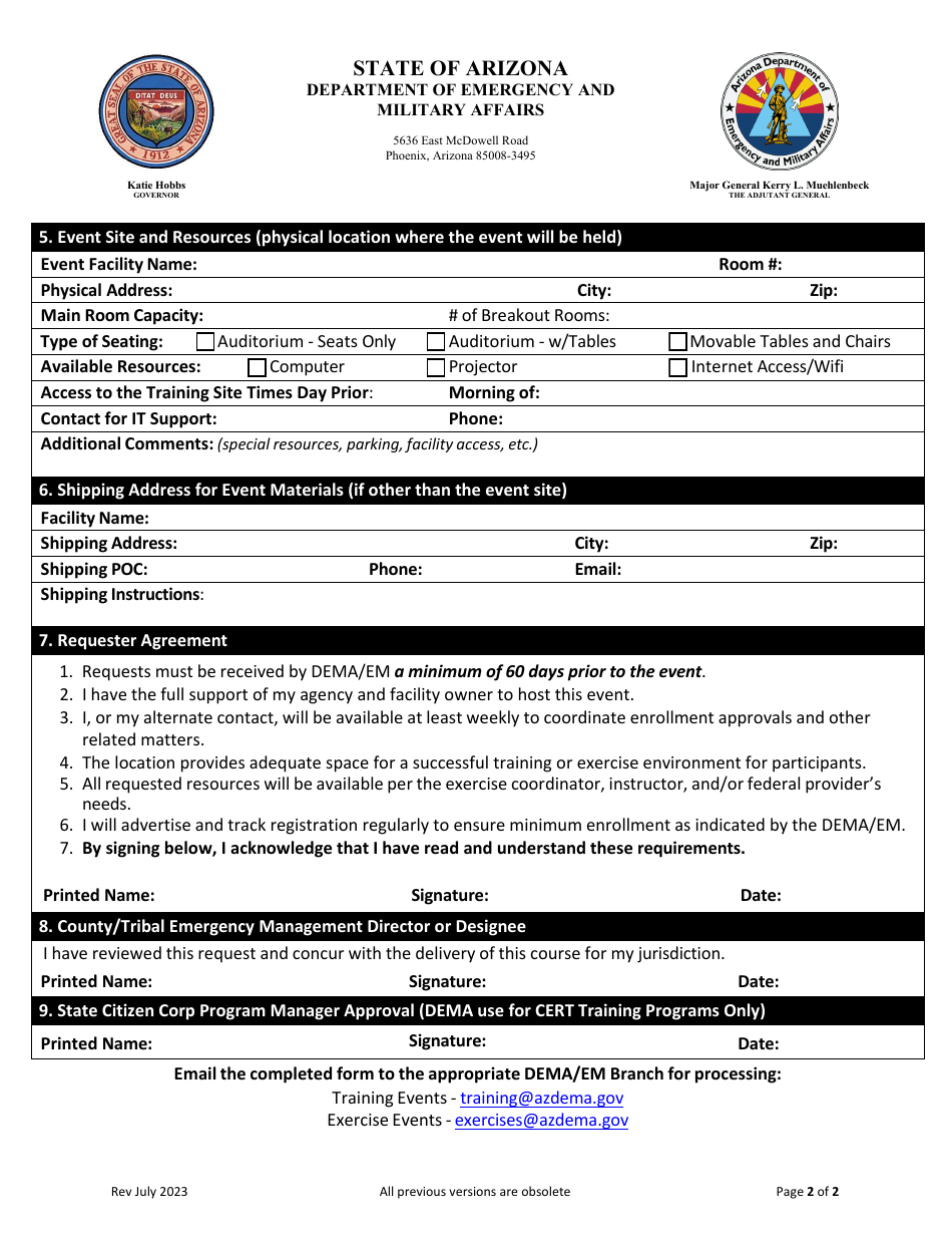 Dema / Em Training  Exercise Event Request Form - Arizona, Page 2