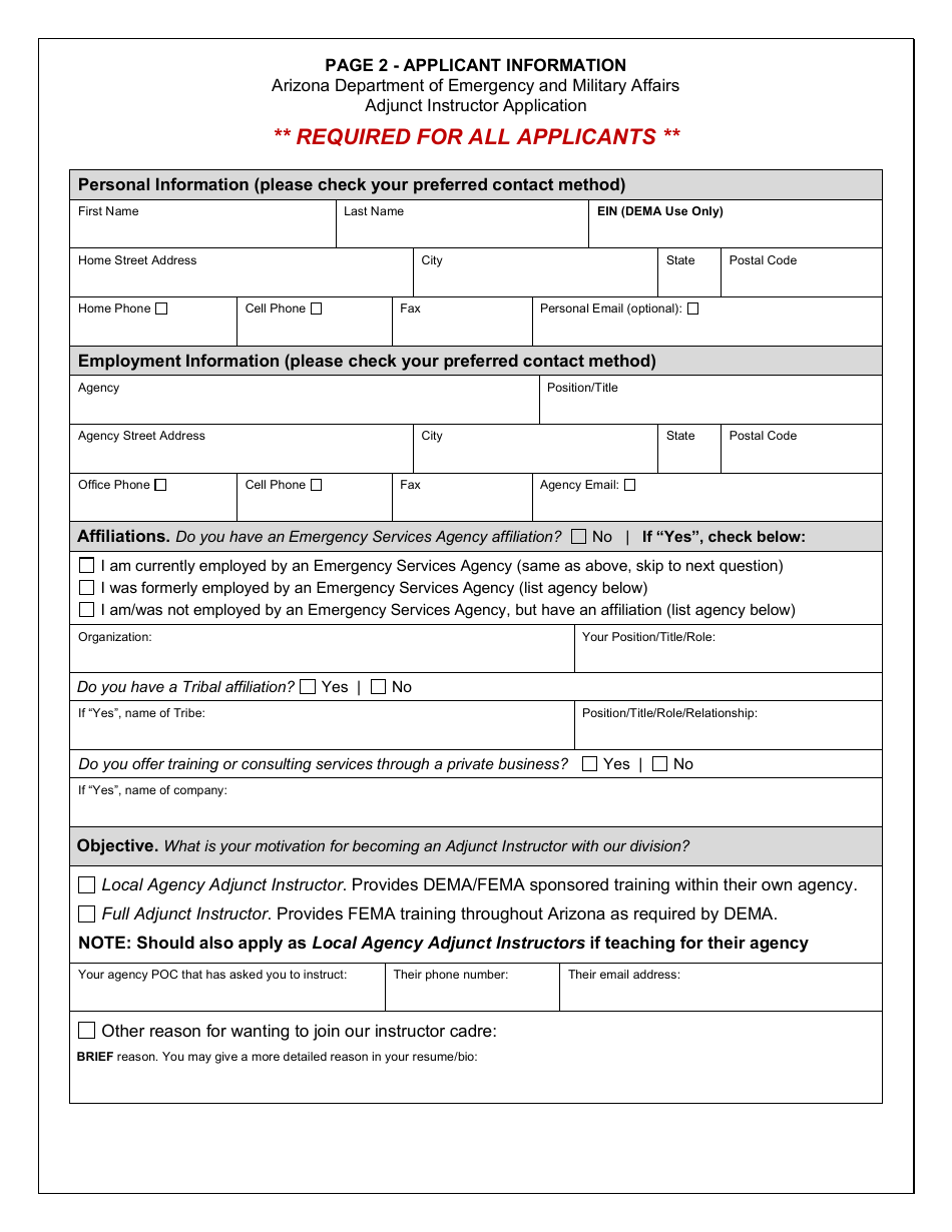 Page 2 Adjunct Instructor Application - Applicant Information Sheet - Arizona, Page 1