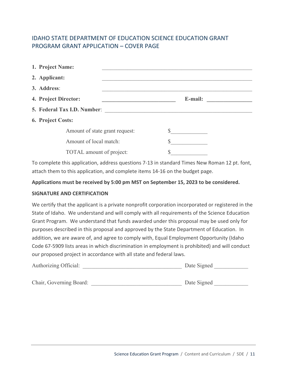Science Education Grant Program Application - Idaho, Page 11
